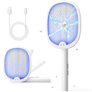 YISSVIC 電撃殺虫ラケット 折り畳み式 4000V高電圧で蚊取り 手持ちモード 誘引モード 充電式電撃殺虫器 3層構造ネット 薬剤不要で虫除け キャップ アウトドア 屋外と屋内で使用 (1枚, 白)