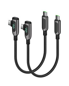 首佩100W 直角 USB C - USB C ケーブル、(2パック 0.3M)亜鉛合金編組 Type-C ケーブル、LED ディスプレイ付き、iPhone 16/15/lPad Mini/Air、MacBook Pro、Samsung S23/S22/S10、Pixel、LG用(0.3m ブラック)