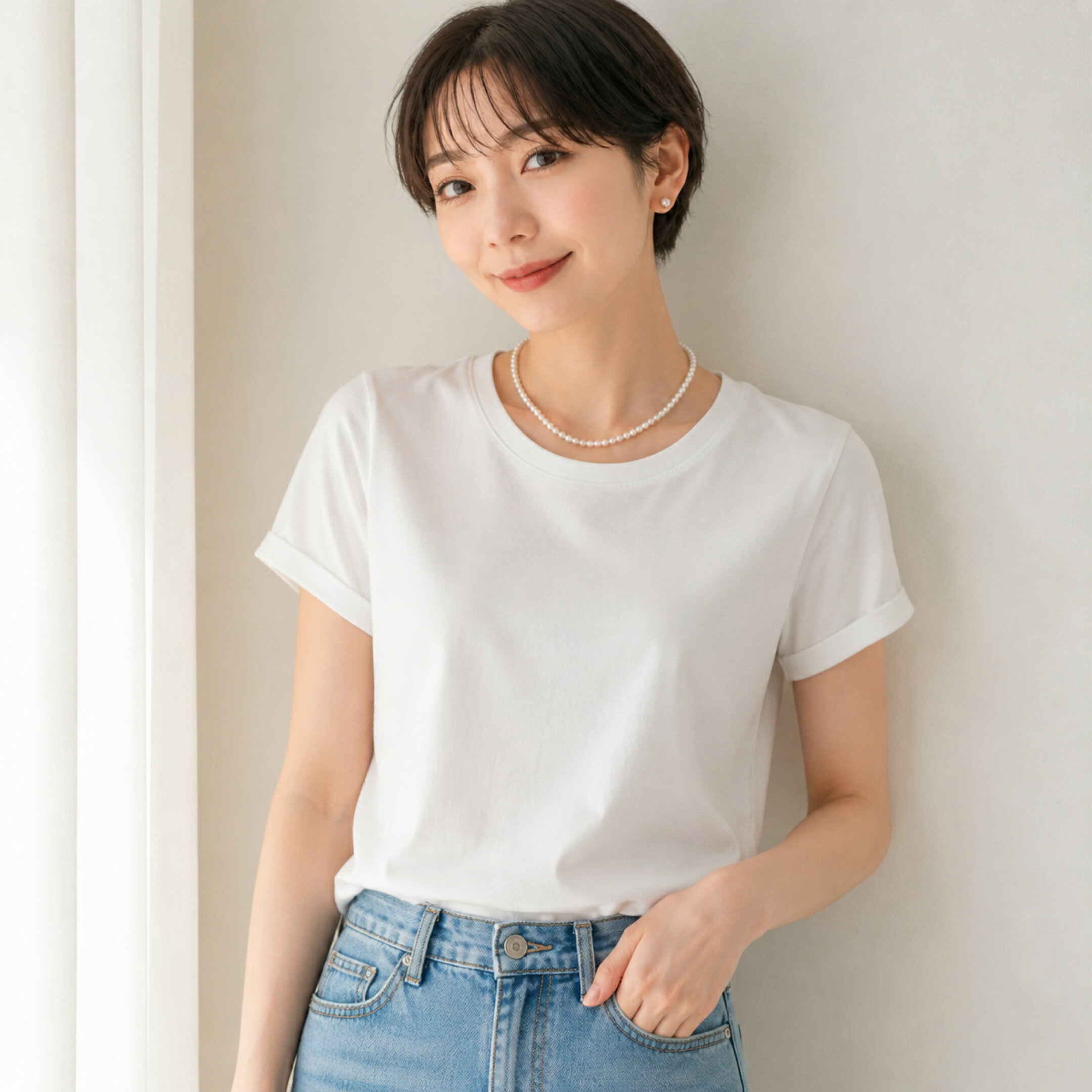 白Tシャツとデニムのベビーパールコーデ