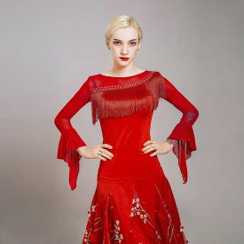 社交ダンストップス レディース シフォン 長袖 eca1489 ダンス衣装 フリル フリンジデザイン ワルツ シンプル 豪華 イベント 競技用 練習用 レッスン ラテンダンス ワルツ タンゴ ルンバ ダンス衣装 シースルー切り替え レッド ブラック