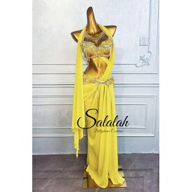 ベリーダンスオリエンタル衣装 ブラ、スカート繋ぎデザイン イエローフラワー lw2617 コスチューム ステージ衣装 ブラ スカート セットアップ 発表会 イベント 衣装 ドレス フラワーモチーフ イエロー黄色 豪華 シフォン