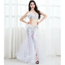 オリエンタルオーダー衣装 羽根装飾スパンコールデザインブラ＆マーメイドスカート lw1318 コスチューム ホワイト スパンコール オーガンジー ステージ衣装 発表会 ドレス