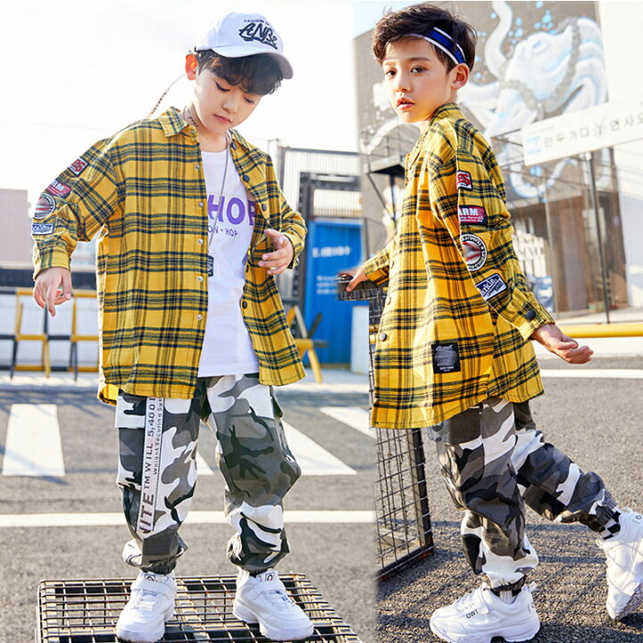 楽天市場 ダンス衣装 キッズ 男の子 ヒップホップ ストリート系 上下２点セット チェック 迷彩 子供 セットアップ シャツ 長袖 長ズボン トップス ロングシャツ イエロー カモフラ ダンスウエア アウトドアスポーツ B系 ブレイクダンス Salalah 楽天市場店