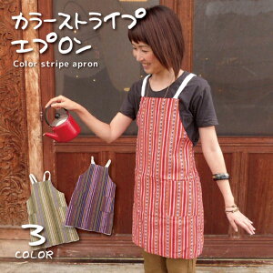 カラーストライプエプロン エスニック 雑貨 アジアン エプロン キッチン 台所 コットン 綿100%