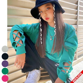 【日本製/綿100％】袖クロスデザインTR【メール便20】長袖/クロス/クロップド丈/スウェット/トレーナー/ロンT　キッズ/ジュニア/ガールズ/女の子　ダンス/ヒップホップ　ダンスウェア/衣装　シンプル　無地　カラフル　コットン　裏毛　原宿系/オルチャン/韓国