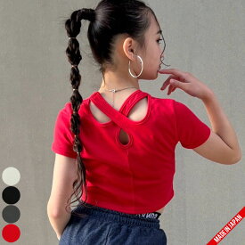 【日本製/綿100％】バッククロスT【メール便8】ショート丈/Tシャツ/短め/クロップド丈/半袖/へそだし/コンパクトT　キッズ/ジュニア/ガールズ/女の子　ダンス/ヒップホップ　ダンスウェア/衣装 ラブリー キュート 無地　カラフル　コットン　オルチャン/韓国