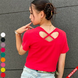 【メール便8】【バックハートT / 3サイズ・8カラー】ショート丈/Tシャツ/短め/クロップド丈/半袖/へそだし/コンパクトT　キッズ/ジュニア/ガールズ/女の子　ダンス/ヒップホップ　ダンスウェア/衣装 ラブリー キュート 無地　カラフル　コットン　オルチャン/韓国