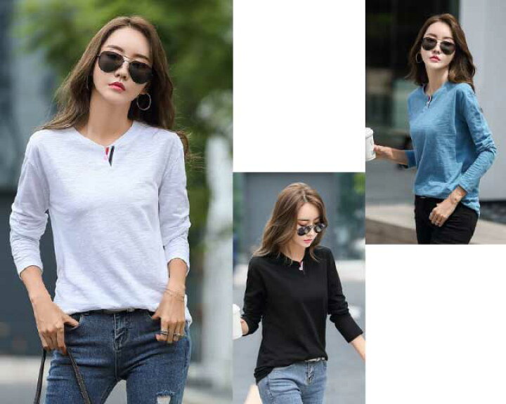 楽天市場 追加入荷 ヘンリーネック コットン Tシャツ レディース ｔシャツ 長袖 スリットネック トリコロール カジュアル 大人っぽい 学生 ホワイト グレー シアン Selectshop Salon De La La
