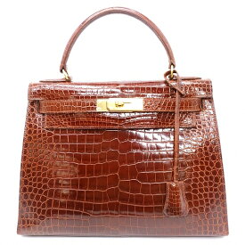今だけ値下げ！【超セレブ】HERMES【入手困難レア物】ケリー28 エルメス クロコダイル　ポロサス【 大事な方に! 】ショルダーストラップ付　貴方は注目のモナコセレブ!!　外縫 Kelly bag 28　ケリー28　茶系　ブラウン系　 ポロサス【軽い】ケリー 28 中古　Z刻印1996年 美品