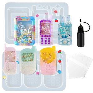 FUNSHOWCASE シェイカーモールド シリコンモールド 6種類 うさ耳携帯 スマホ ガラケー 中身がシャカシャカ動く レジン型 流砂型 PPシート5枚付き ドロッパーボトル付き キーホルダー 再利用可能