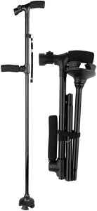 EASYLEE 人気 ステッキ 杖 自立式 折りたたみ 4点杖 軽量 アルミ製 頑丈 高輝度LEDライト 搭載 ダブルハンドル 夜間散歩 伸縮ステッキ 5段階調整可 補助ハンドル 介護 歩行補助杖 倒れない 母/父