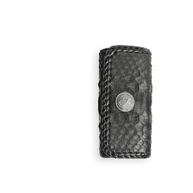 【サムライクラフト】 レザーキーケース ボタン式・カブセ型 マット仕上げ バックカットパイソン ダブルステッチ ブラック ハンドメイド ヌメ革 経年変化 ベジタブルタンニンなめし 本革