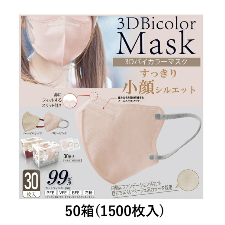 楽天市場】1500枚入り 3Dバイカラーマスク30P×50箱 小顔シルエット 