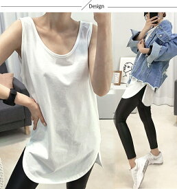 タンクトップ ノースリーブ レディース 春 夏 トップス tシャツ インナー ノースリーブカットソー カジュアル 体型カバー ノースリ レイヤード 無地 チュニック サイドスリット シンプル 重ね着 春夏 ブラック ホワイト 20代 30代 40代 綿 送料無料