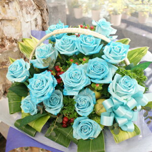 青バラ20本＆グリーンのアレンジメント【生花】20本　青薔薇　青いバラ　青バラ　ブルーバラ3種類の青バラ選べます【世界に一つの贈り物　記念に残るサプライズな贈り物】　青いバラ　