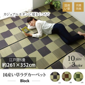 い草 ラグ カーペット 花ござ ござ 江戸間 6畳 五八間 約261×352cm おしゃれ 日本製 ブロック 格子 ゴザ 和風 和室 洋室 イグサ 抗菌 防臭 日本産