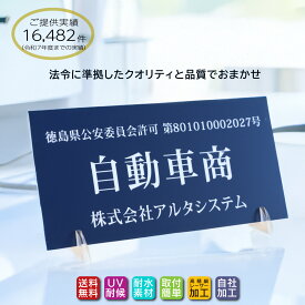 古物商プレート （紺色）スタンド 壁掛け穴 両面テープ マグネット選択可 古物商許可標識 レーザー彫刻 アクリル製 古物商許可証 古物商標識 全国公安委員会指定 警察署対応 格安 オーダーメイド 許可プレート 平日13時まで即日発送