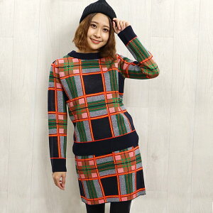 チェック柄ハイネックセーター【在庫一掃SALE】 レディースゴルフウェア ニット ホワイト ネイビー 保温素材 洗える 洗濯可能 かわいいゴルフウェア あたたかい防寒 ゴルフセットアップ(