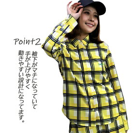チェックプリントシャツ【在庫一掃SALE】 ゴルフウェアレディース ゴルフレディース レディースゴルフ レディースゴルフウェア レディースゴルフポロシャツ ゴルフレディースポロシャツ ゴルフレディース長袖シャツ イエロー ブルー ゴルフレディースウェア S/M/L