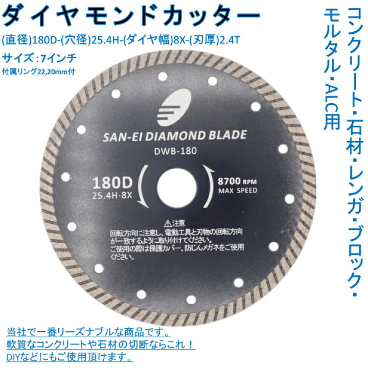 楽天市場】ダイヤモンドカッター 7インチ 180mm コンクリート 石材 