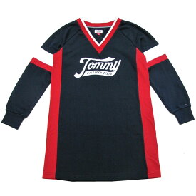 【アウトレット】TOMMY HILFIGER DENIM(トミーヒルフィガー デニム) 長袖ロゴロング丈ゲームシャツ(Navy)/スウェットチュニックワンピース