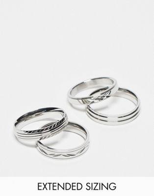 エイソス ASOS DESIGN 4 pack waterproof stainless steel skinny band ring set with embossing detail in silver tone メンズのサムネイル