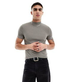 エイソス ASOS DESIGN muscle fit rib t-shirt with mock neck in grey メンズ