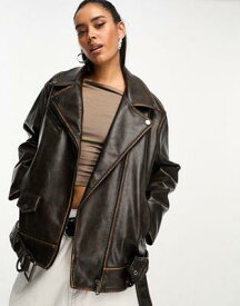 エイソス ASOS DESIGN washed faux leather biker jacket in brown レディース