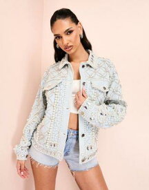 エイソス ASOS LUXE premium embellished denim jacket with encrusted diamante and pearl detail in mid wash blue レディース