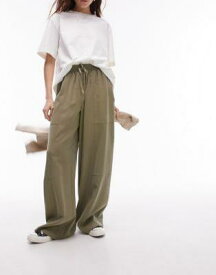 トップショップ Topshop pull on wide leg trouser in khaki レディース