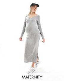 Mama.licious Mamalicious Maternity long sleeved maxi dress with side splits in grey レディース
