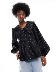 Monki long sleeve collar blouse in black and white polka dot print レディース