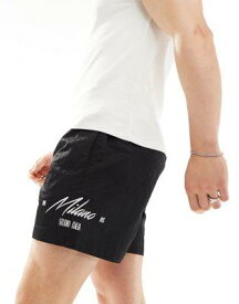エイソス ASOS DESIGN wide short in black with embroidery detail and elasticated waist メンズ