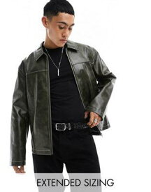 エイソス ASOS DESIGN faux leather harrington jacket with contrast stitch in washed green メンズ