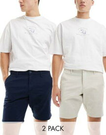 エイソス ASOS DESIGN 2 pack slim stretch chino shorts in navy and stone save メンズ