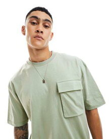 エイソス ASOS DESIGN oversized t-shirt with front pocket in washed green メンズ