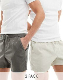 エイソス ASOS DESIGN 2 pack slim shorter length chino shorts in grey and stone with elasticated waist save メンズ