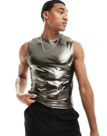 エイソス ASOS DESIGN muscle fit tank vest in metallic silver fabric メンズ