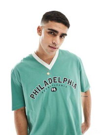 エイソス ASOS DESIGN oversized t-shirt with v-neck in green with Philadelphia print メンズ