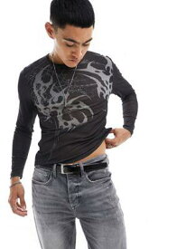 エイソス ASOS DESIGN muscle fit long sleeve t-shirt in mesh with tattoo print メンズ