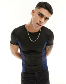 エイソス ASOS DESIGN muscle fit t-shirt in black with navy mesh side panels メンズ