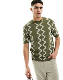 エイソス ASOS DESIGN knitted crew neck t-shirt in textured khaki wiggle pattern メンズ