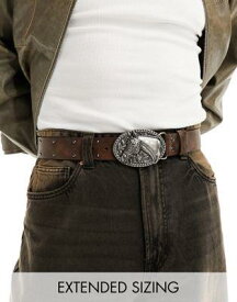 エイソス ASOS DESIGN faux leather belt with western buckle and stud detail in distressed brown メンズ