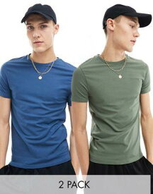 エイソス ASOS DESIGN 2 pack muscle fit t-shirt in dark green and blue メンズ