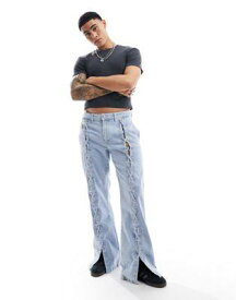 エイソス ASOS DESIGN wide flare jeans with lace tie detail in light wash blue メンズ