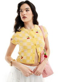 エイソス ASOS DESIGN crew neck cardigan with cherry embroidery in yellow レディース