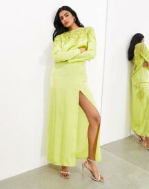 エイソス ASOS EDITION embroidered lace panelled long sleeve column maxi dress in lime レディース