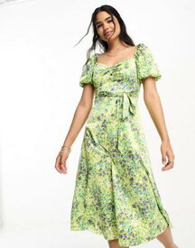 ルック New Look square neck ruched front puff sleeve midi dress in green floral レディース
