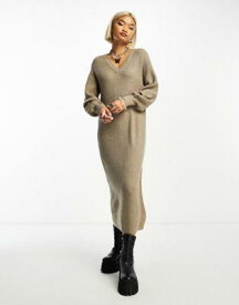 Object knitted v neck midi jumper dress with balloon sleeves in beige melange レディース
