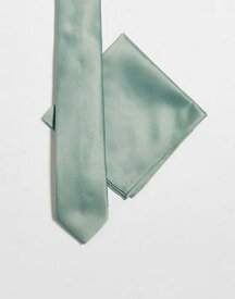 エイソス ASOS DESIGN satin slim tie and pocket square in sage green メンズ